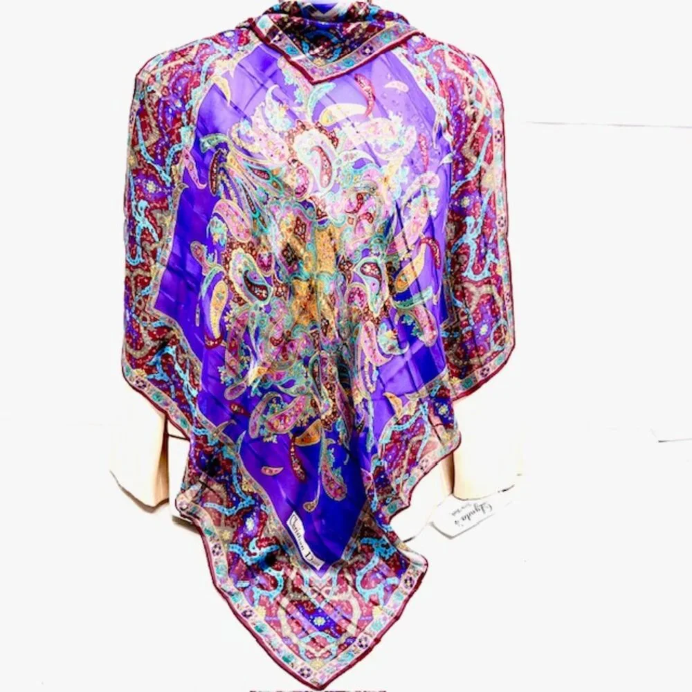 Christian Dior Soft 00% Silk Scarf Chiffon & Satin PurplePaisley Floral 31